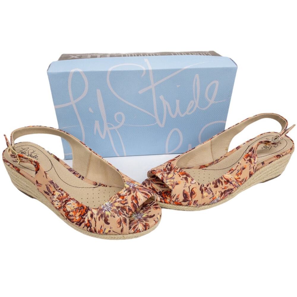 Life Stride Women's Tan Floral Socialite Slingback Wedge  Espadrille Sandals 9.5
